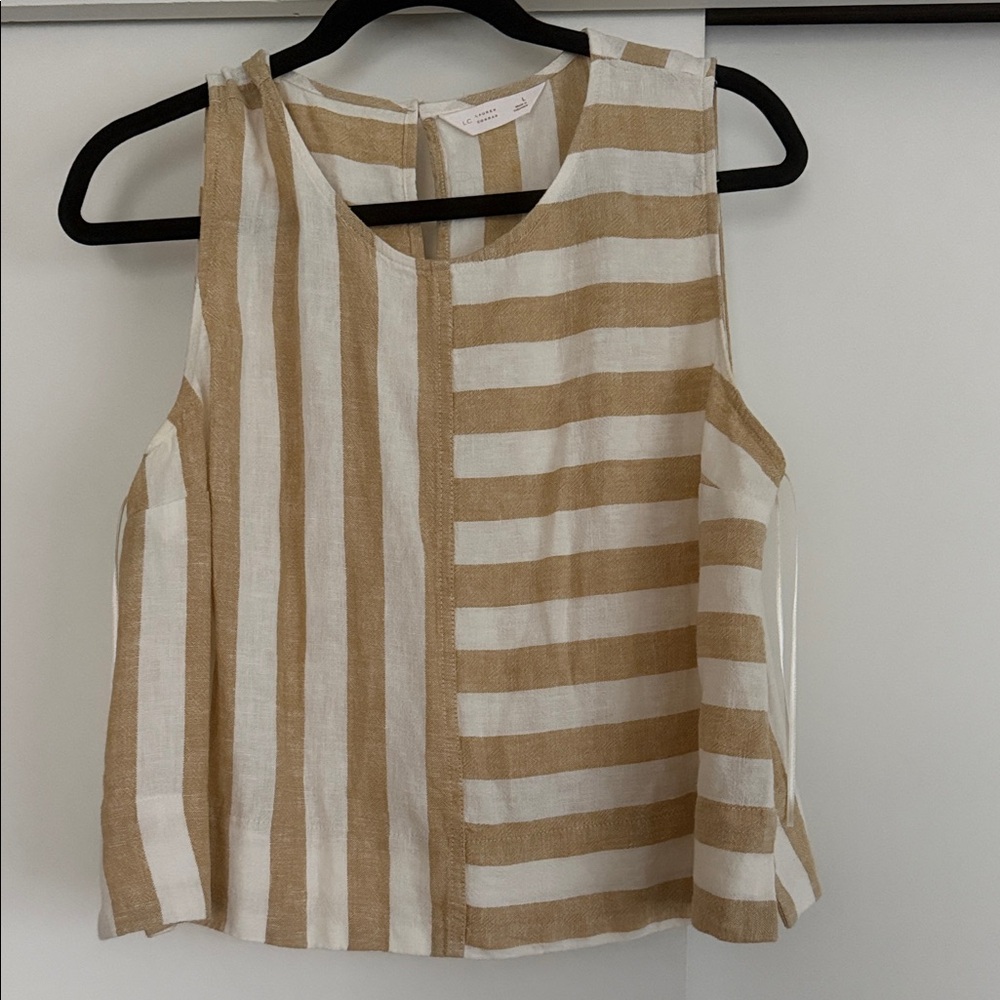 LC Lauren Conrad Cream & Tan Striped Sleeveless Tank
